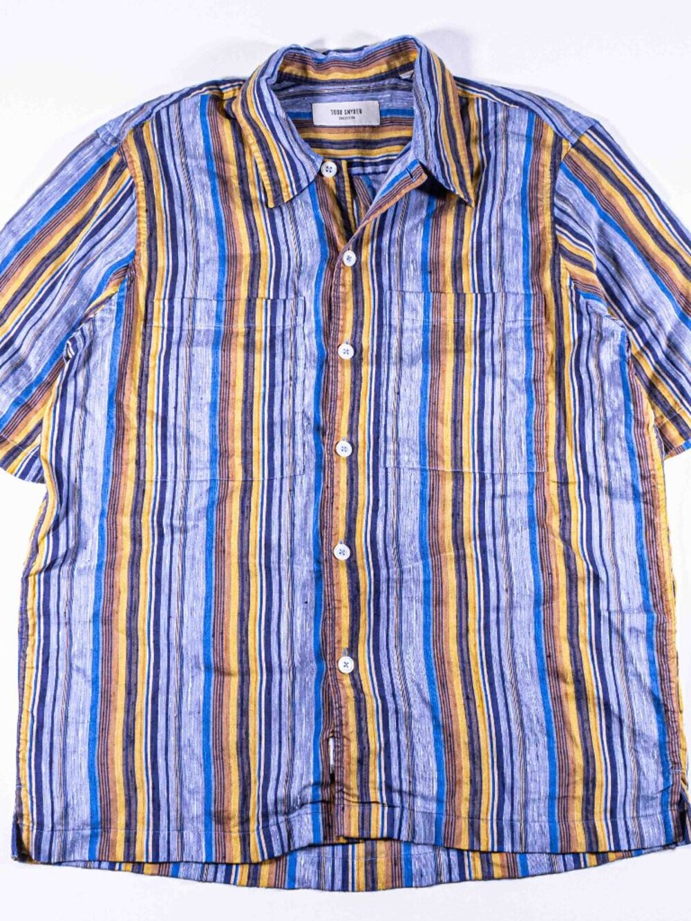 Todd Snyder Italian Multi Stripe Short Sleeve Shirt Mens M Viscose Linen Silk